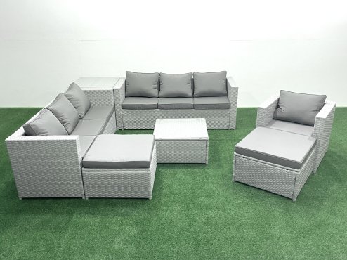 Fimous Wicker PE Rattan Sofa Garden Furniture Set with Armchair Square Coffee Table 2 Big Footstools Side Table Light Grey Mixed