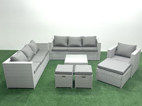 Fimous Wicker PE Rattan Sofa Garden Furniture Set with Armchair Square Coffee Table 3 Footstools Light Grey Mixed