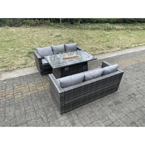 Fimous 6 Seater Outdoor PE Rattan Garden Furniture Gas Fire Pit Dining Table Set Lounge Sofa Three Seater Sofa Dark Grey Mixed Patio
