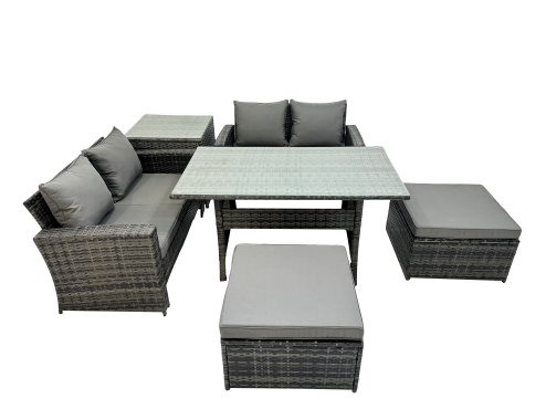 Fimous 6 Seater Wicker PE Rattan Furniture Outdoor Dining Table Double Seat Sofa Side Table 2 Big Stools Set Dark Grey Mixed