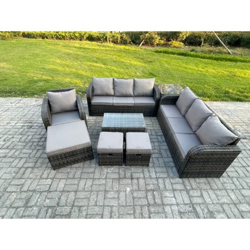 Fimous 10 Seater Rattan Lounge Sofa Set Outdoor Garden Furniture Set with Rectangular Coffee Table 3 Seater Sofa 3 Footstools Side Table Dark Grey Mixed