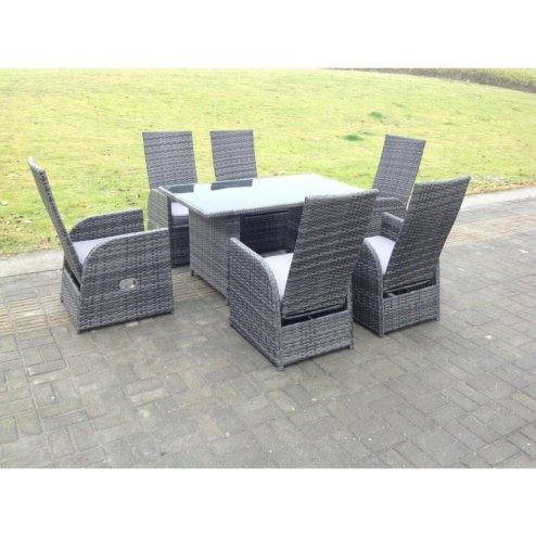 Fimous Dark Grey Mixed Outdoor Wicker Rattan Garden Furniture Reclining Chair And Table Dining Sets 6 Seater Rectangular Black Tempered Table