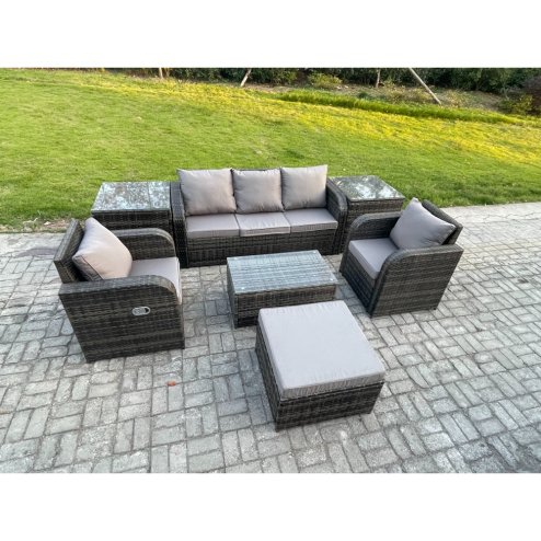 Fimous Outdoor Rattan Garden Furniture Set Patio Lounge Sofa Set with Reclining Chair Rectangular Coffee Table 2 Side Tables Big Footstools Dark Grey Mixed