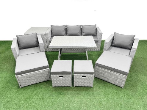 Fimous 9 Pieces Outdoor PE Rattan Sofa Armchair Set Patio Garden Furniture Sets with Cushions Side Table 4 Stools Light Grey
