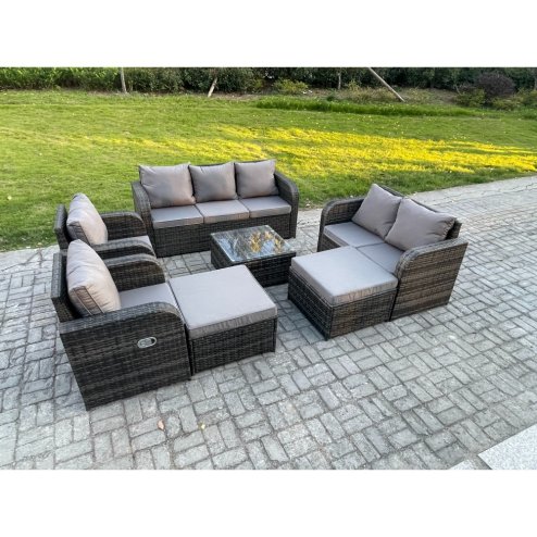 Fimous 9 Seater Outdoor Rattan Garden Furniture Set Conservatory Patio Sofa Coffee Table With 2 Big Footstool Love Sofa Dark Grey Mixed