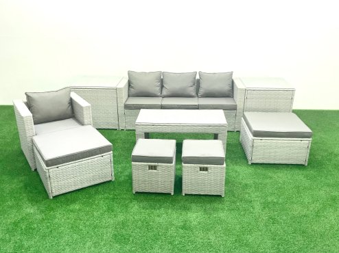 Fimous Rattan Garden Furniture Set Outdoor Lounger Sofa with Coffee Table 4 Footstools 2 Side Tables Light Grey Mixed