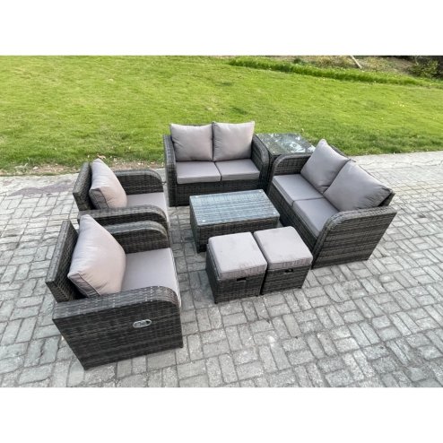 Fimous 8 Seater Rattan Garden Furniture Set Patio Outdoor Lounge Sofa Set with Rectangular Coffee Table 2 Small Footstools Love Sofa Side Table Dark Grey Mixed