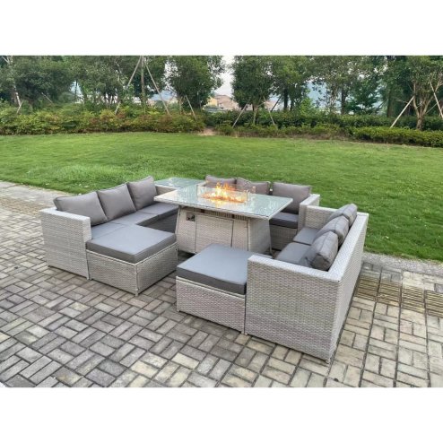 Fimous 11 Seater Outdoor Garden Dining Sets Rattan Furniture Gas Fire Pit Dining Table Gas Heater with Side Table 2 Big Footstools Light Grey