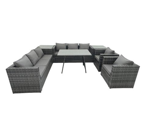 Fimous Rattan Dining Table Sofa Set with Armchair 2 Side Tables Outdoor 8 Seat Garden Furniture Set Dark Grey Mixed