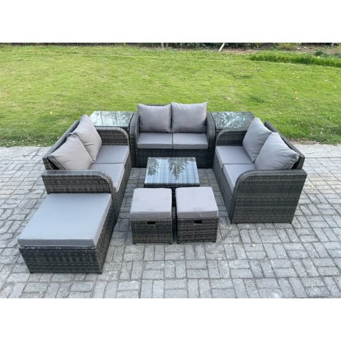 Fimous 9 Seater Outdoor Garden Furniture Sets Wicker Rattan Furniture Sofa Sets with Square Coffee Table Love seat Sofa 3 Footstools 2 Side Tables