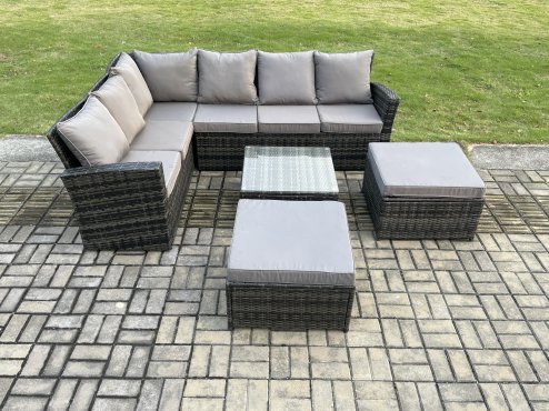 Fimous Rattan Garden Furniture Set Outdoor Lounge Corner Sofa Set With Square Coffee Table 2 Big Footstool 8 Seater Dark Grey Mixed