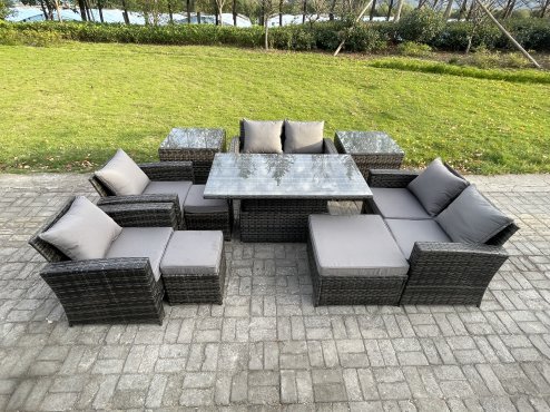 Fimous Outdoor Garden Furniture Sets 10 Pieces Wicker Rattan Furniture Sofa Dining Table Set with 3 Footstools 2 Side Tables Dark Grey Mixed