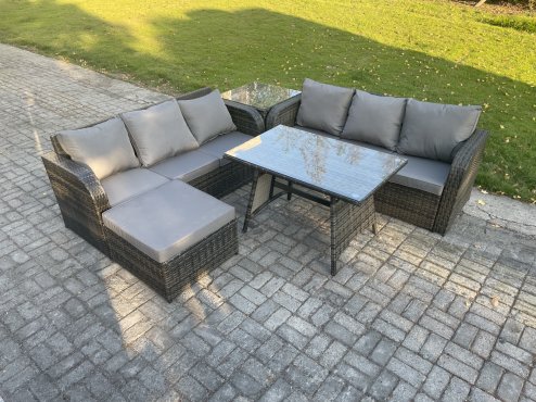 Fimous Garden Furniture Sofa Set Rectangular Dining Table Big Footstool Side Table Indoor Outdoor 7 Seater Rattan Set Dark Grey Mixed