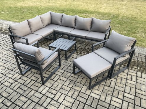 Fimous 9 Seater Aluminium Garden Furniture Set Outdoor Lounge Corner Sofa 2 Pcs Chair Square Coffee Table Sets with Big Footstool Dark Grey