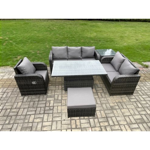 Fimous Outdoor Rattan Furniture Garden Dining Set Patio Height Adjustable Rising lifting Table Reclining Chair Sofa With Side Table Big Footstool Dark Grey Mixed