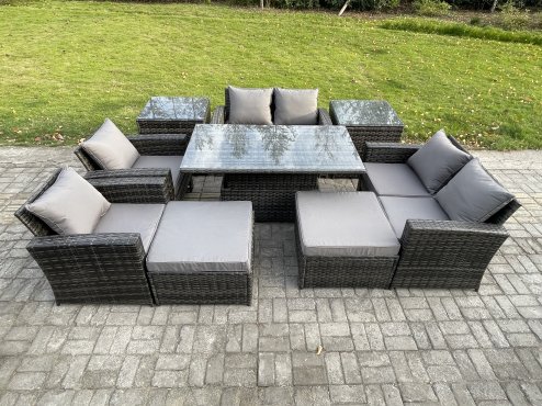 Fimous Outdoor Garden Furniture Sets 9 Pieces Wicker Rattan Furniture Sofa Dining Table Set with 2 Big Footstool 2 Side Tables Dark Grey Mixed