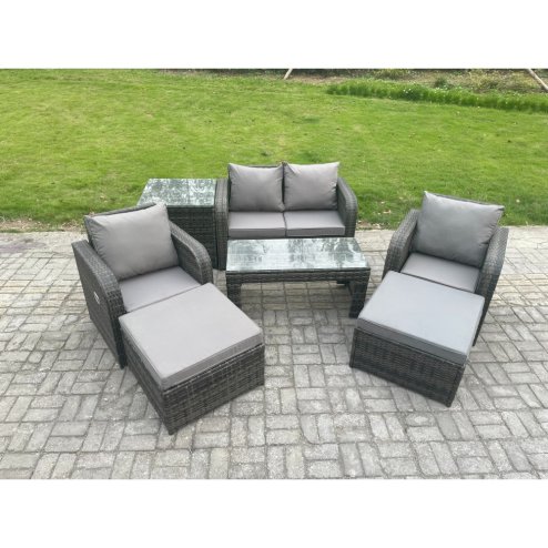 Fimous Outdoor Lounge Sofa Set Wicker PE Rattan Garden Furniture Set with Reclining Chair Coffee Table Side Table 2 Big Footstool Dark Grey Mixed