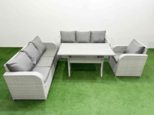 Fimous 7 Seater Poly Rattan Outdoor Garden Furniture Rectangular Dining Table Sofa Set Patio 3 Seater Sofa Reclining Chair 3 Seater Sofa Light Grey