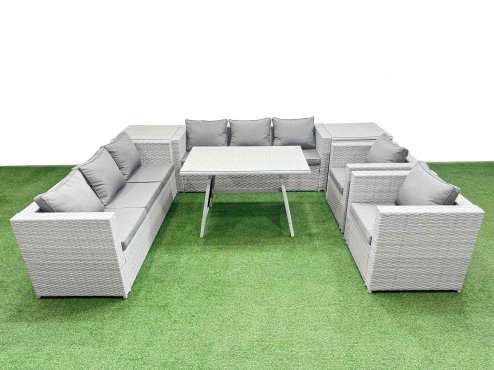 Fimous 8 Seater Garden Furniture Set PE Ratten Garden Sofa Set with Rectangular Dining Table 2 Side Tables Light Grey