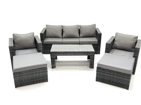 Fimous 7 Seater Rattan Garden Furniture Set Outdoor Lounger Sofa with Coffee Table 2 Armchair 2 Big Footstools Dark Grey Mixed