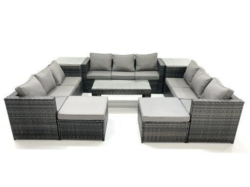 Fimous Outdoor Garden Furniture Set 8 Pieces Rattan Sofa Set with Coffee Table 2 Big Footstools Side Table Dark Grey Mixed