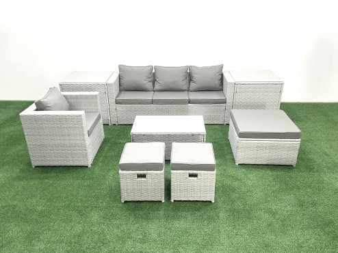 Fimous 8 Pieces Rattan Garden Furniture Set Outdoor Garden Sofa Chair Coffee Table Set with 2 Side Tables 3 Footstools Light Grey Mixed