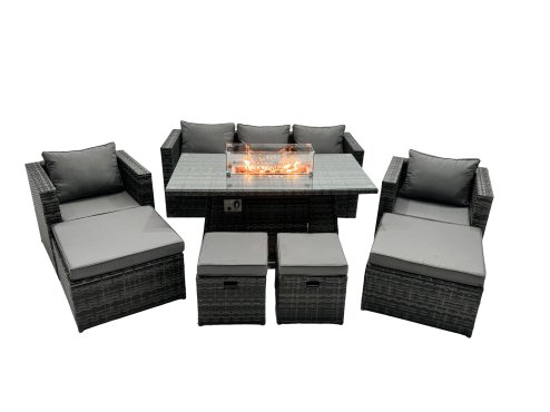 Fimous Rattan Garden Furniture Firepit Dining Set 9 Seater Lounge Sofa Table Set with 2 big Footstool