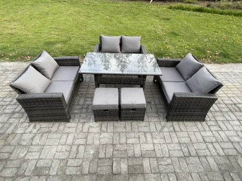 Fimous Wicker PE Rattan Garden Furniture Sets Outdoor Lounge Sofa Set with Oblong Dining Table Double Seat Sofa 2 Small Footstools Dark Grey Mixed