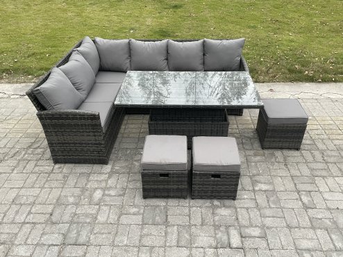 Fimous Wicker PE Outdoor Rattan Garden Furniture Set Height Adjustable Rising Lifting Table Sofa Dining Set with 3 Small Footstools Dark Grey Mixed