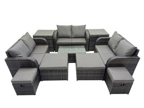Fimous Outdoor Love Sofa Coffee Table Set Garden Rattan Furniture Set 10 Seater with 4 Stools 2 Side Tables Dark Grey