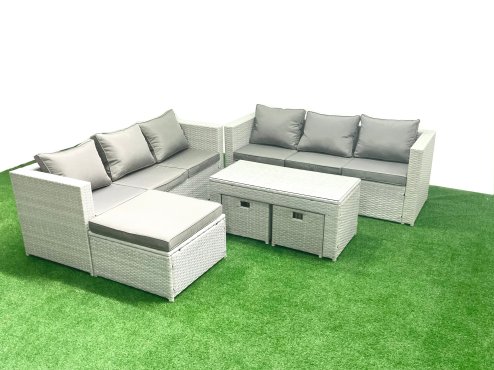 Fimous 9 Seater Garden Outdoor Rattan Furniture Set Rattan Garden Sofa Oblong Coffee Table with 3 Footstools Light Grey Mixed