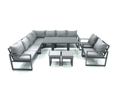 Fimous 11 Seater Outdoor Aluminum Garden Furniture Set Corner Sofa 2 Chair 2 Small Footstool Adjustable Rising Lifting Dining Table Sets Dark Grey