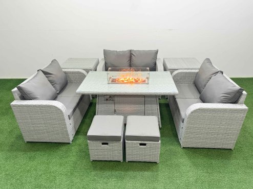 Fimous 8 Seater PE Wicker Rattan Furniture Sofa Sets with Firepit Dining Table 2 Seater Love Sofa 2 Stool 2 Side Table Light Grey