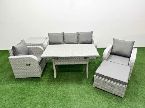Fimous PE Rattan Garden Furniture Set Reclining Chair Sofa Lounge Sofa Set Rectangular Dining Table Side Table Big Footstool Light Grey