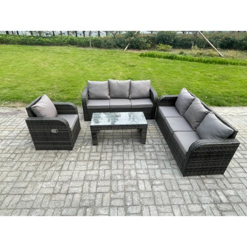 Fimous Patio Garden Furniture Sets 7 Seater Wicker Outdoor Rattan Furniture Sofa Sets with Rectangular Coffee Table Reclining Chair