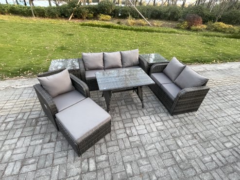 Fimous 7 Seater Outdoor Rattan Garden Furniture Set Patio Lounge Sofa Set with Dining Table 2 Side Tables Big Footstool Dark Grey Mixed