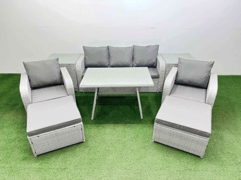Fimous Reclining Chair 3 Seat Sofa Set Garden Furniture Set with Rectangular Dining Table 2 Side Tables 2 Big Footstools Light Grey