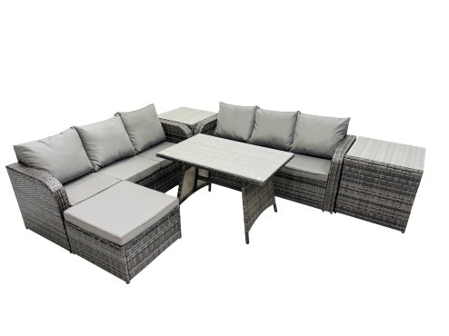 Fimous Garden Rattan Outdoor Furniture Set 7 Seater with 3 Seater Sofa Big Stool 2 Side Table Dark Grey