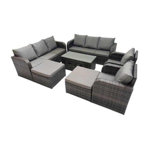 Fimous Rattan Garden Outdoor Furniture Set 3 Seater Sofa Reclining Chair Coffee Table with 4 Footstools Dark Grey Mixed