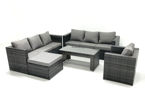 Fimous Rattan Garden Furniture Set Outdoor 8 Seater Patio Conversation Sets with Glass Top Coffee Table