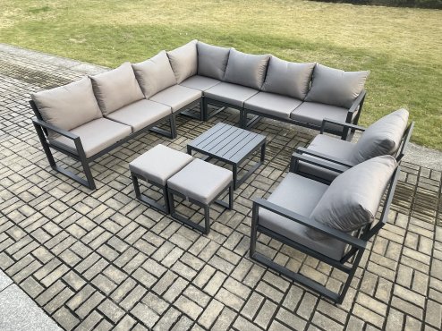 Fimous Aluminium Outdoor Garden Furniture Set Lounge Corner Sofa 2 Pcs Chair Square Coffee Table Sets with 2 Small Footstools Dark Grey