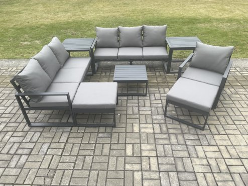 Fimous Aluminium Outdoor Lounge Sofa Set Garden Furniture Sets with Square Coffee Table Chair 2 Big Footstools 2 Side Tables Dark Grey