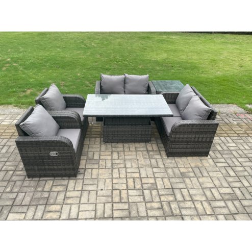 Fimous Rattan Furniture Outdoor Garden Dining Set Patio Height Adjustable Rising lifting Table Love Sofa Chair With Side Table