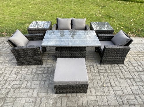Fimous Outdoor Garden Dining Sets 5 Seater Rattan Patio Furniture Sofa Set with Rising Lifting Table 2 Side Tables Big Footstool Dark Grey Mixed