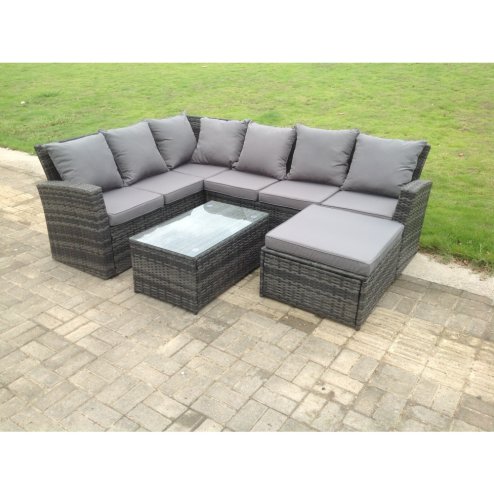 Fimous 7 Seater High Back Rattan Garden Furniture Set Corner Sofa With Oblong Coffee Table Footstool