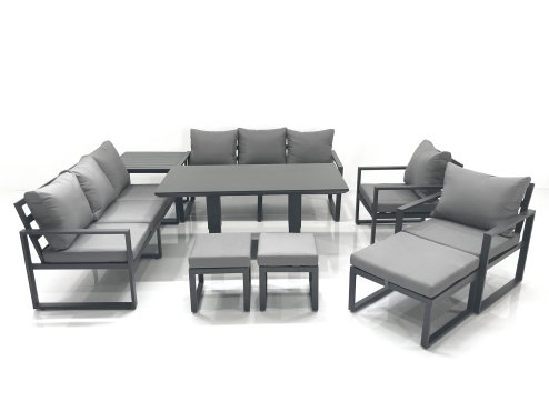 Fimous Garden Sofa Set Aluminium Furniture Rising Dining Tabe Set with 2 Chair 3 Footstools Side Table Dark Grey