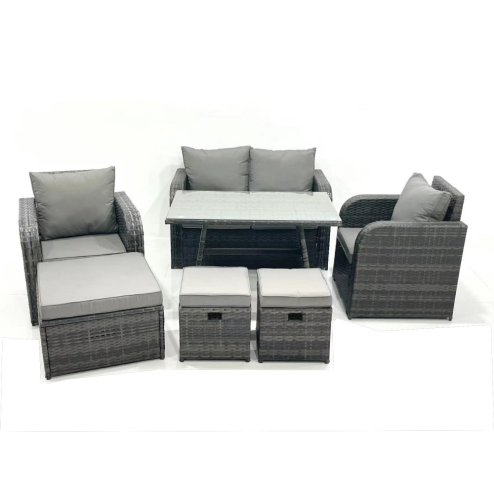 Fimous Outdoor Garden Furniture Set Rattan Sofa Dining Table Set with Reclining Chair 3 Footstool Dark Grey Mixed