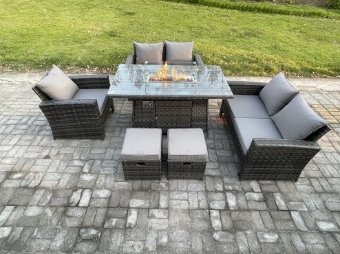 Fimous 7 Seater Rattan Outdoor Garden Furniture Gas Fire Pit Table Sets Gas Heater with Love Sofa Armchair 2 Small Footstools Dark Mixed Grey