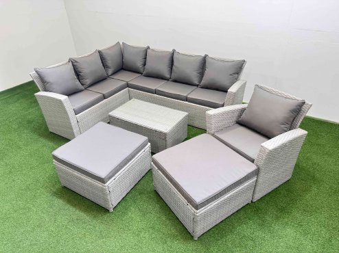 Fimous 9 Seater Garden Outdoor PE Rattan Furniture Set Rattan Garden Sofa Set with 2 Big Footstools Light Grey Mixed
