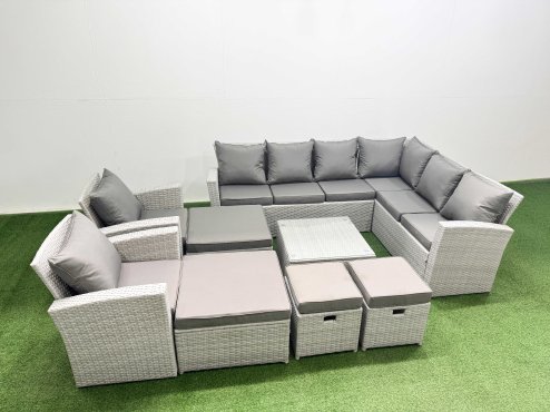 Fimous Rattan Garden Outdoor Furniture Set 12 Seater Rattan Garden Sofa Set with 2 Armchairs 4 Footstools Light Grey Mixed